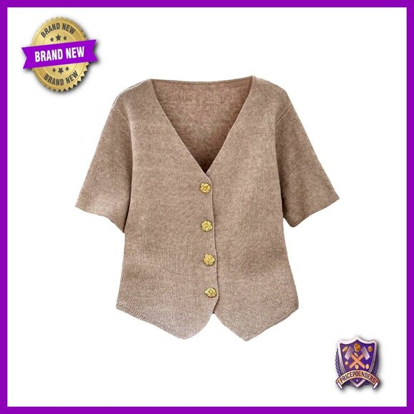 Sweaters - Plus Size V-Neck Cardigan Short Sleeve Button Down Knit Top